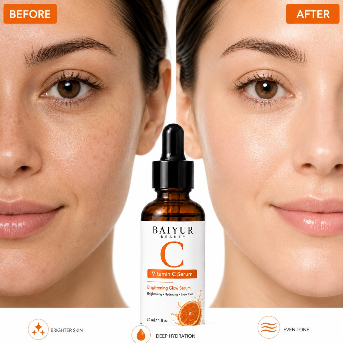 Vitamin C Serum before and after comparison showing brighter skin, deep hydration and even tone