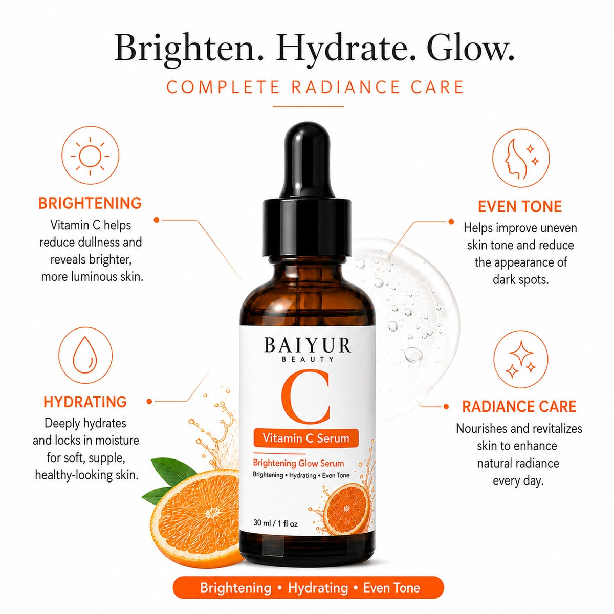 Vitamin C Serum benefits including brightening, hydrating, even tone and radiance care