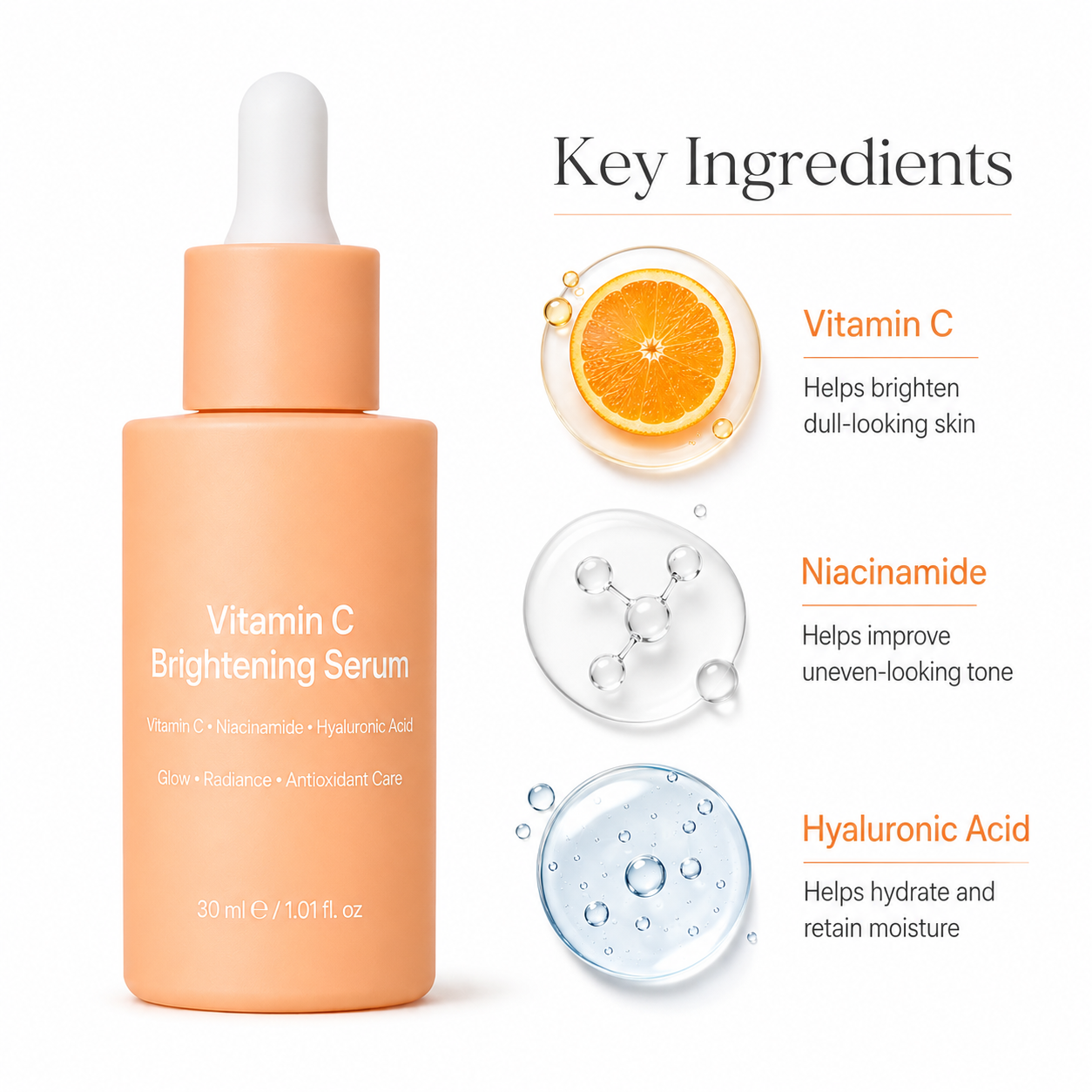 Vitamin C serum key ingredients with vitamin C niacinamide and hyaluronic acid