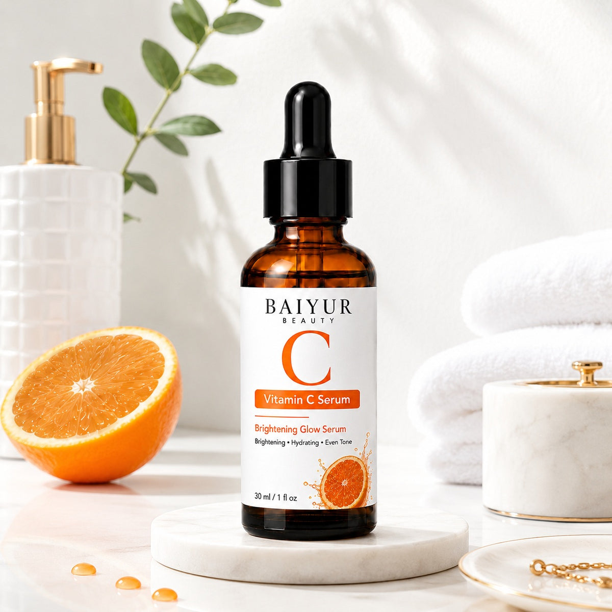 Vitamin C Serum lifestyle scene with orange, towels and clean skincare styling