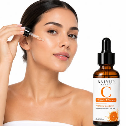 Model applying Baiyur Beauty Vitamin C Serum for brightening and glowing skin