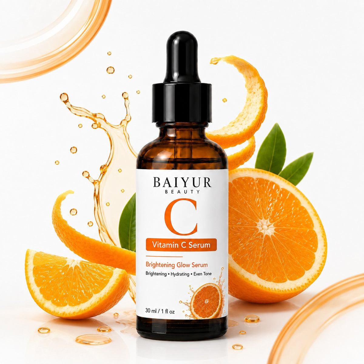 Vitamin C Serum with fresh orange elements in a clean Instagram-style skincare product image
