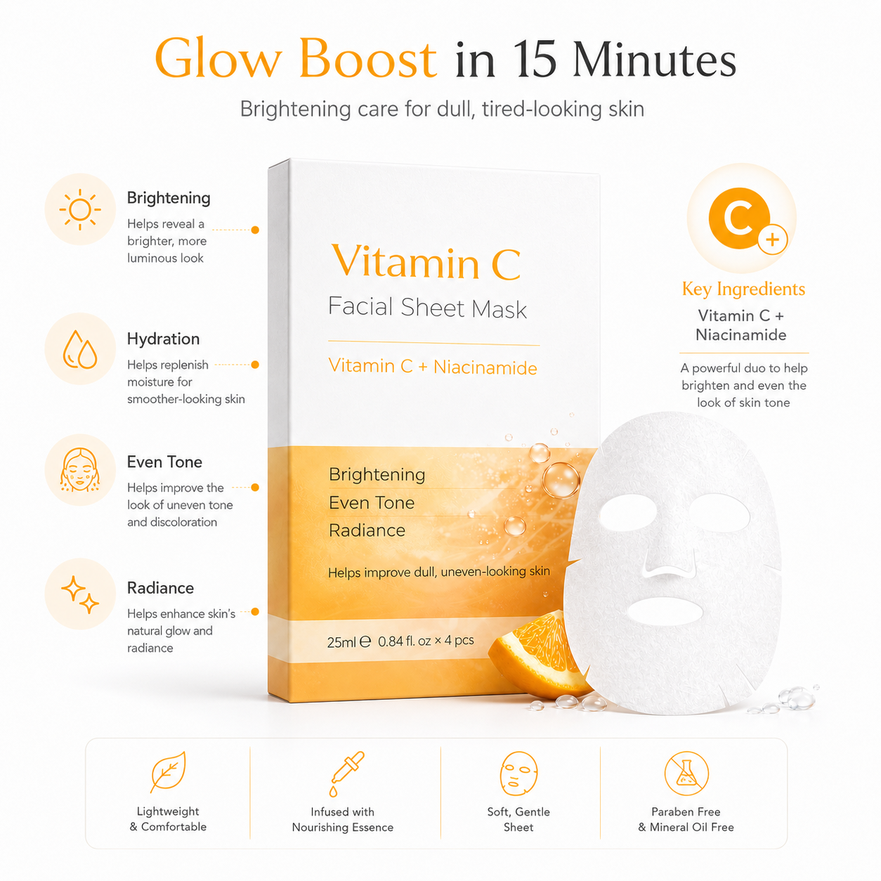 Vitamin C sheet mask benefits for glow radiance and even-looking skin tone