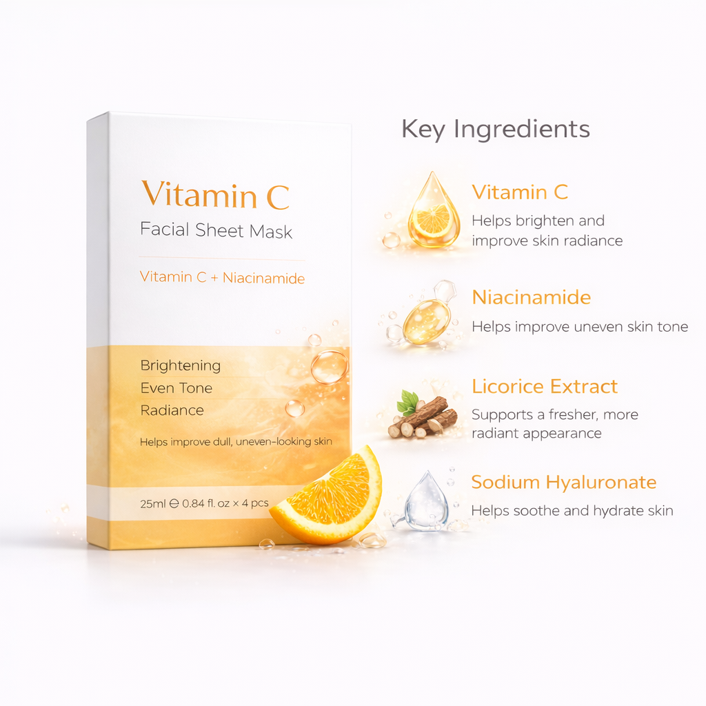 Vitamin C sheet mask key ingredients with niacinamide licorice extract and hyaluronic acid