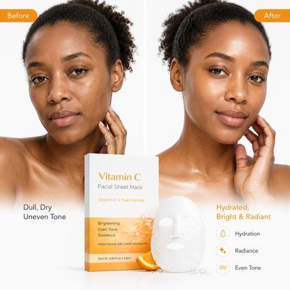 Model using Vitamin C brightening sheet mask for facial skincare routine