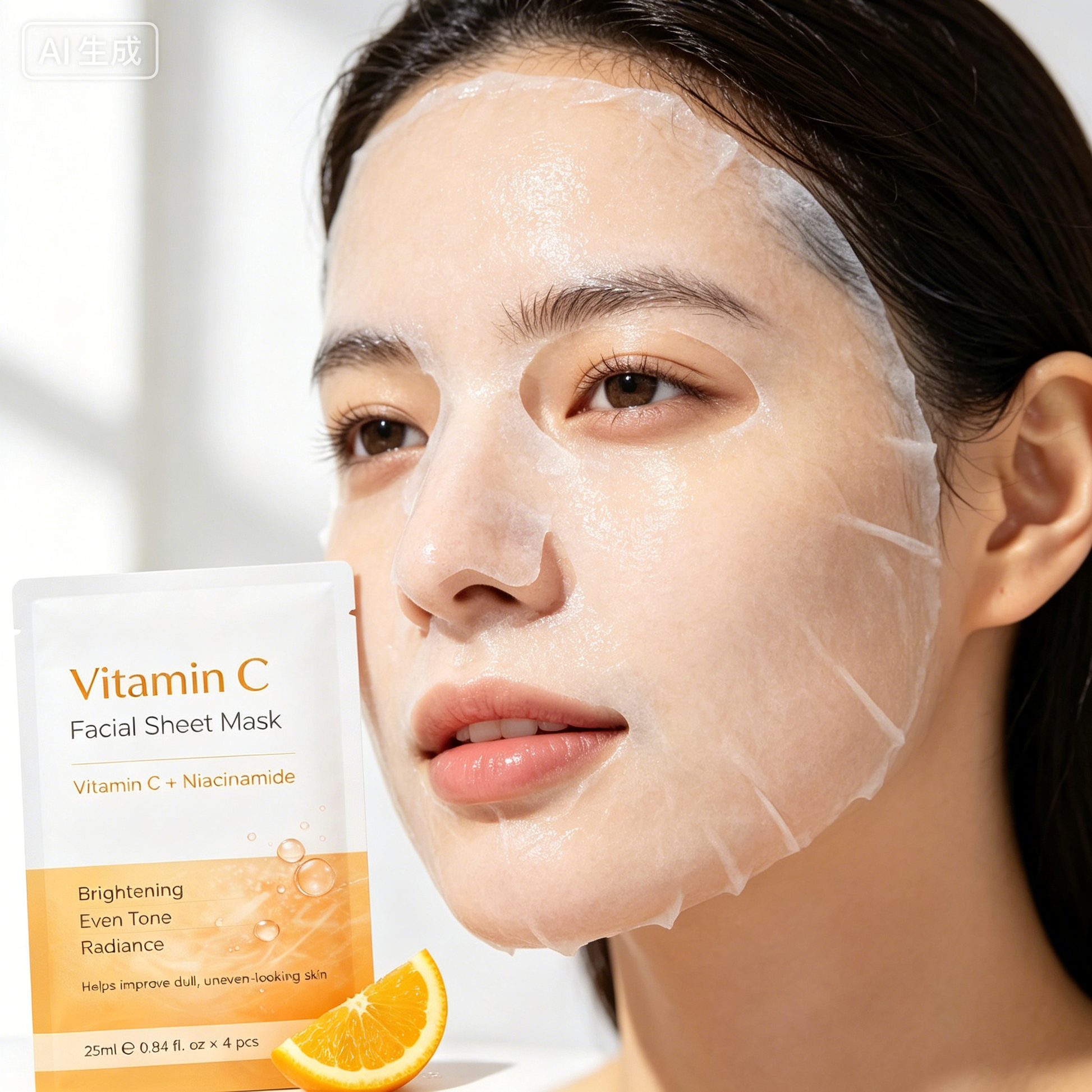 Model using Vitamin C brightening sheet mask for facial skincare routine