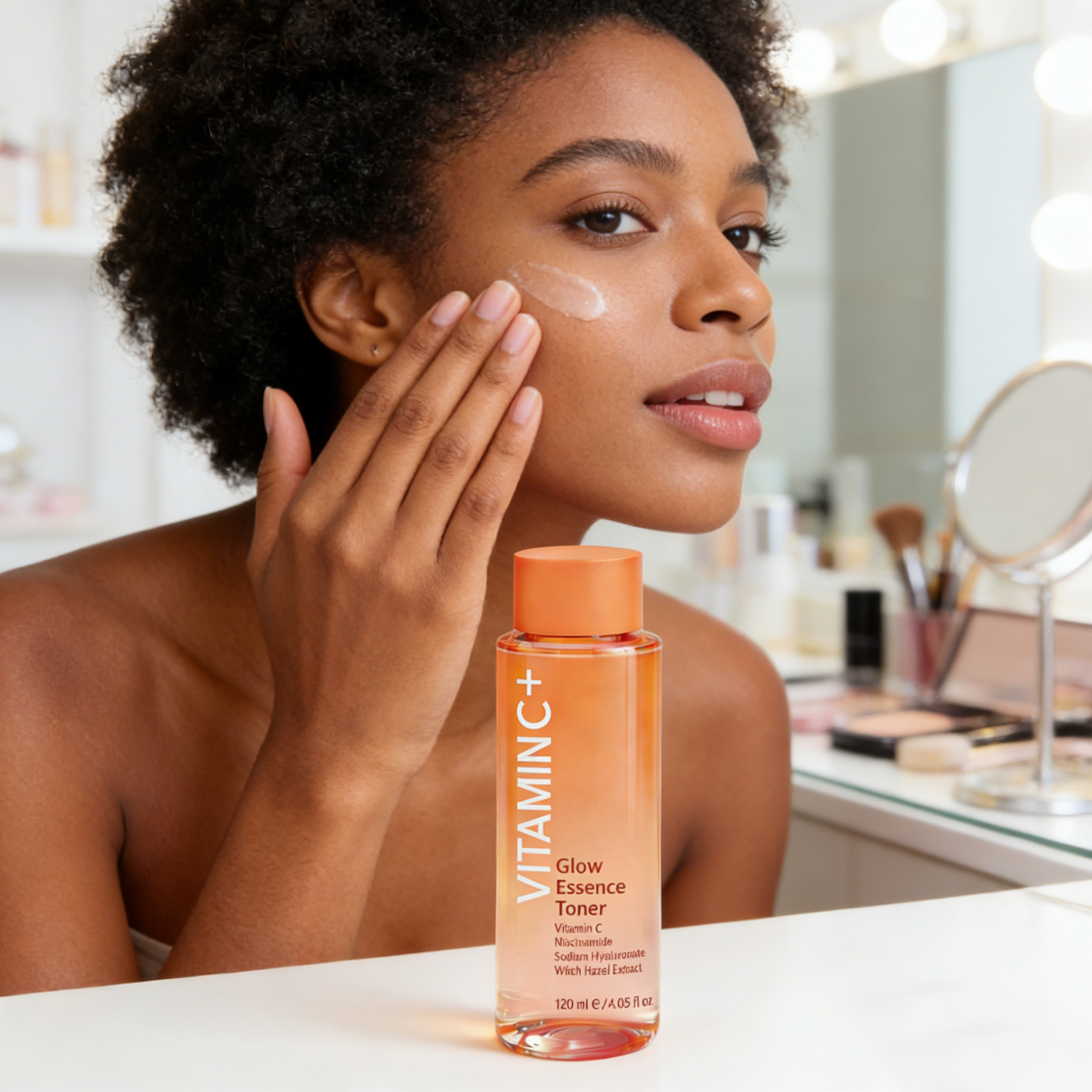 Model applying Vitamin C toner in a daily skincare routine