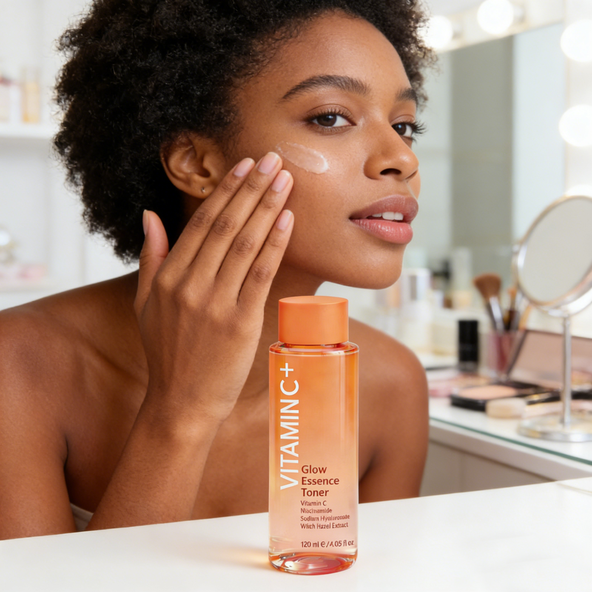 Model applying Vitamin C toner in a daily skincare routine